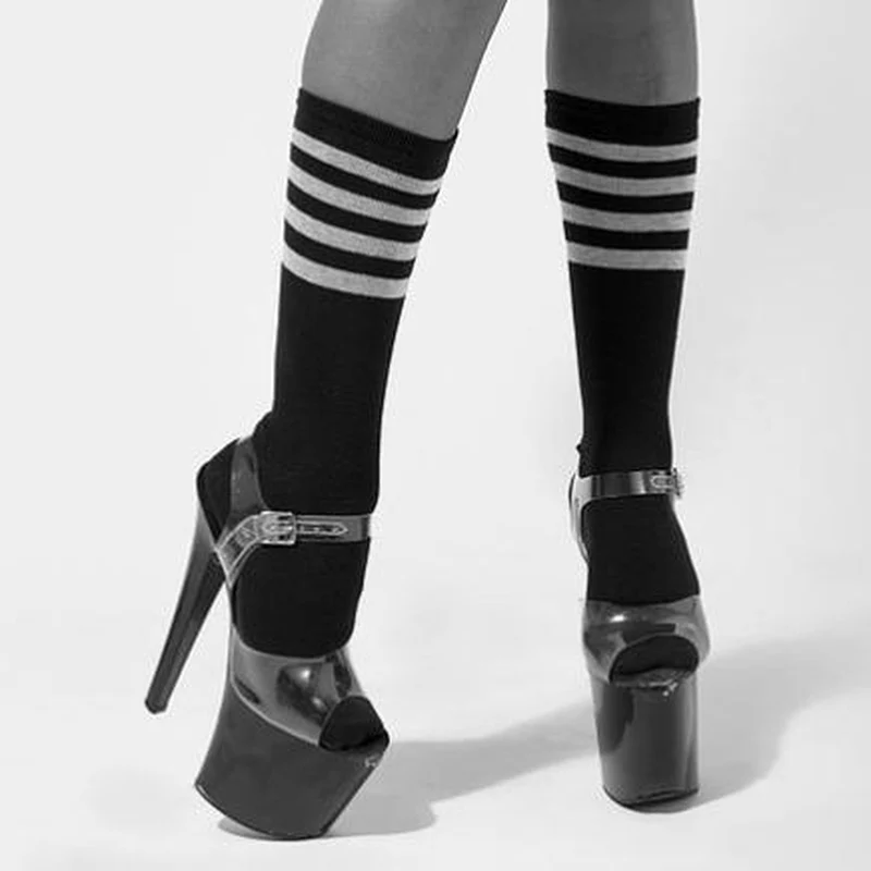 Rolling Calf High Socks - Black and White Striped - Image 3
